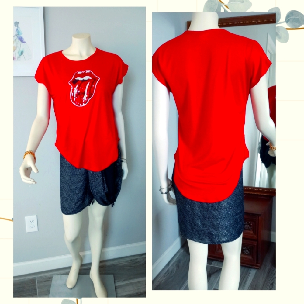 WomanThe Rolling Stones  Tongue Retro sequin T-Shirt Tee New red M